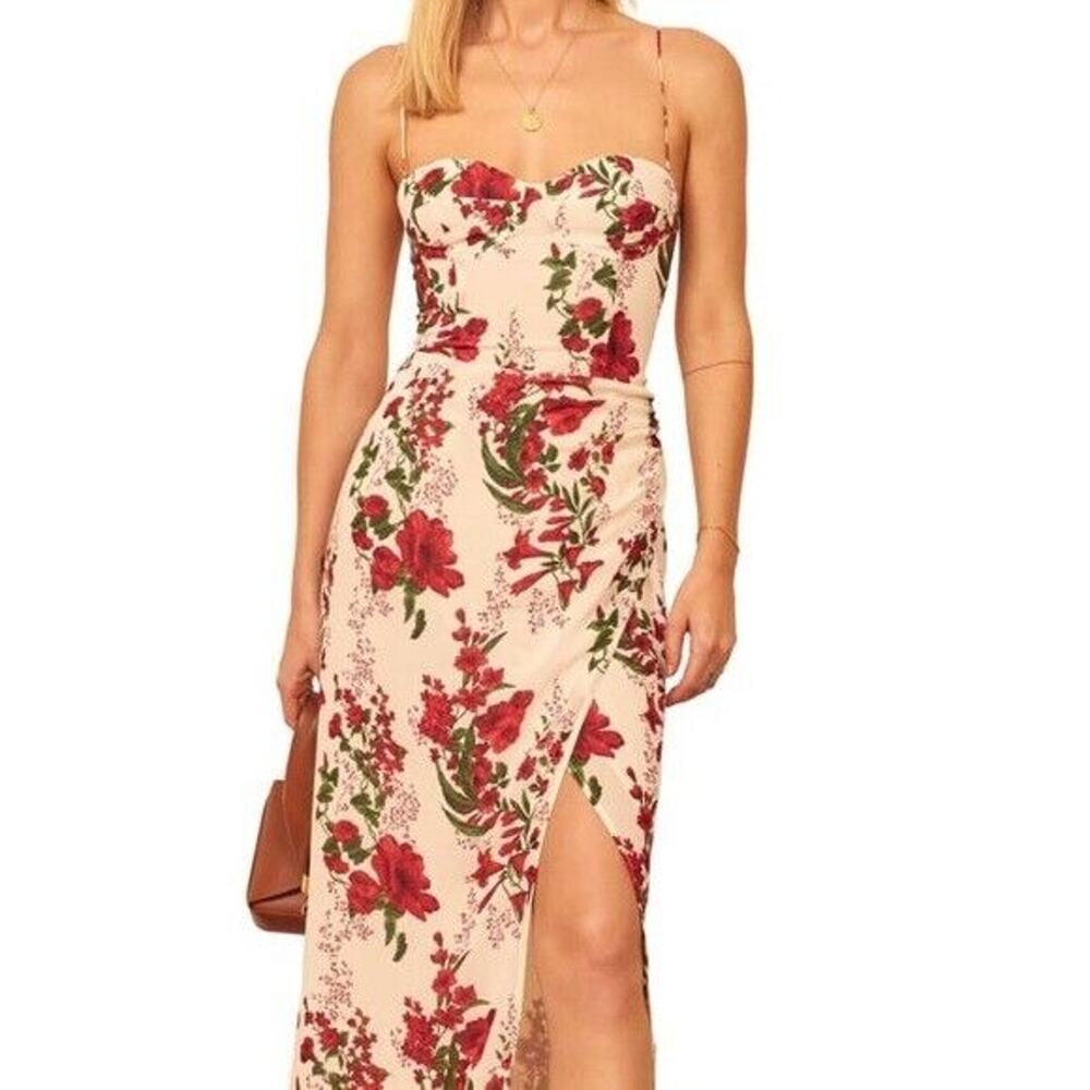 Reformation Kourtney Red Green Floral Woven Sleeveless Midi Dress Slit Size 8
